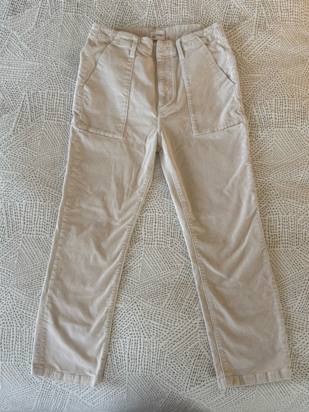 DRIFTWOOD Women’s Corduroy Pants in Light Cream; Size 27 with Patch Pockets